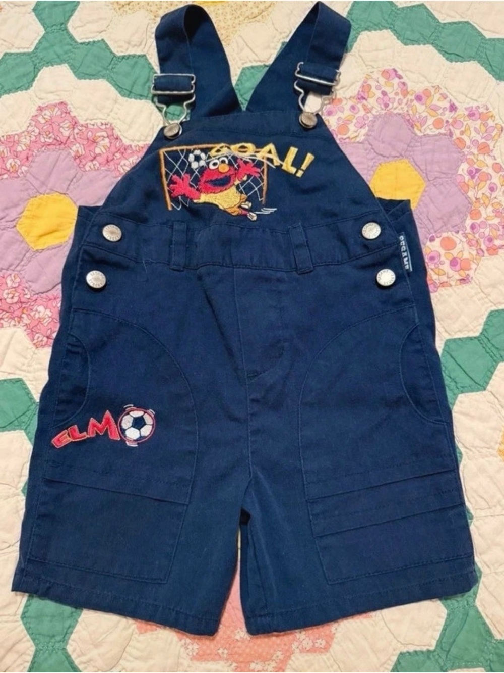 Vintage Sesame Street Elmo Soccer Navy Overalls Shorts 2T